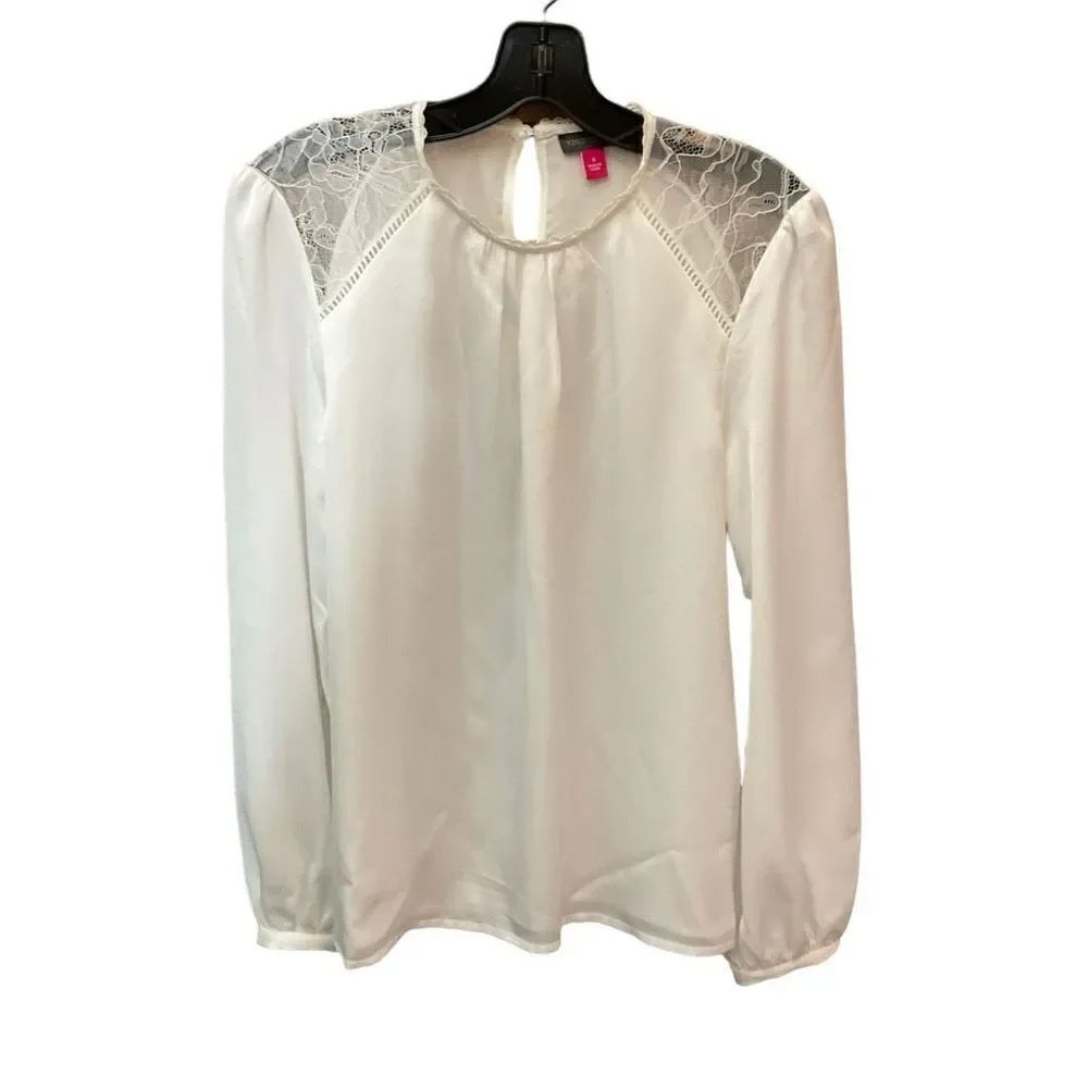 Vince Camuto Blouse Round Neck White New Ivory Lace Bishop Sleeves Lined Small